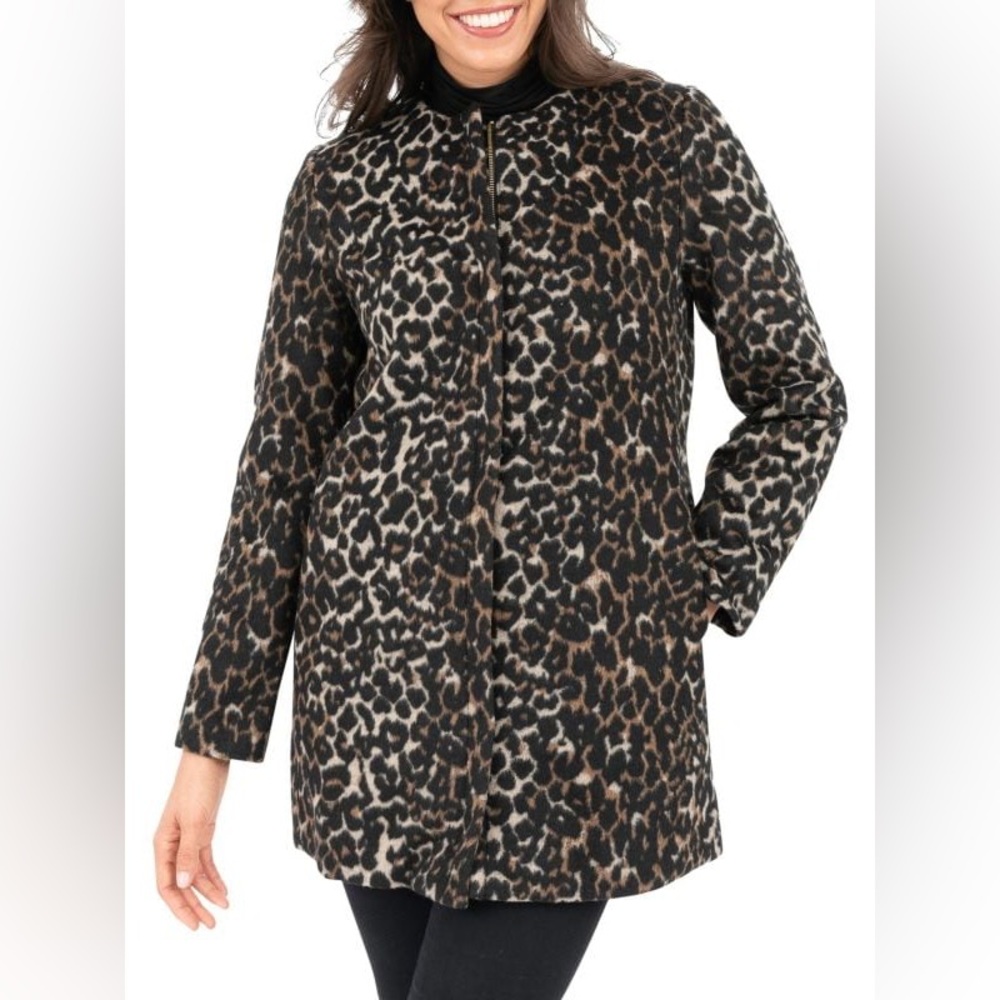 Nine West XXL Leopard Print Collarless Longline Coat Gold Zip Wool Blend
